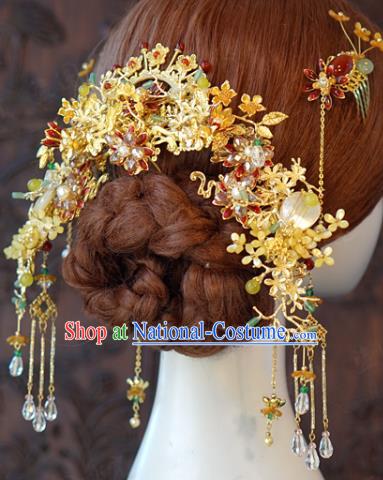 China Traditional Wedding Hair Accessories Ancient Bride Hair Crown and Tassel Hairpins Earrings