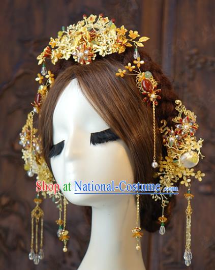 China Traditional Wedding Hair Accessories Ancient Bride Hair Crown and Tassel Hairpins Earrings