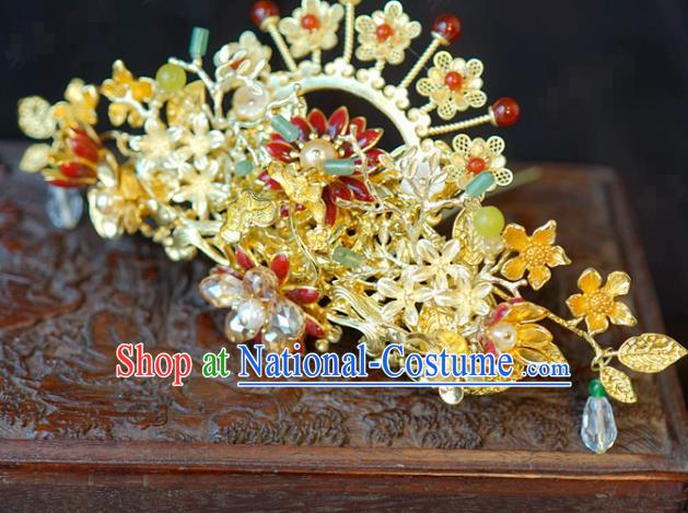 China Bride Hair Crown Hair Accessories Traditional Wedding Xiuhe Suit Red Flower Hairpin