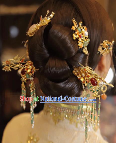 China Traditional Ancient Bride Hair Sticks and Tassel Hairpins Earrings Wedding Hair Accessories Full Set