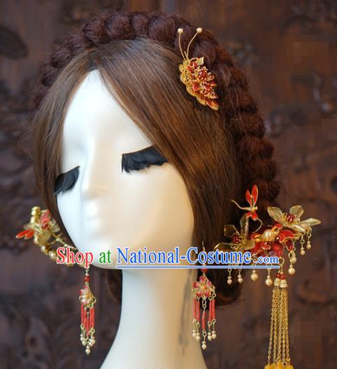 China Traditional Wedding Hair Accessories Ancient Bride Hair Combs and Tassel Hairpins Earrings Full Set