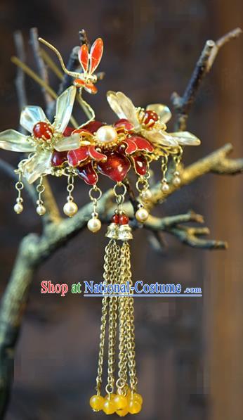 China Bride Dragonfly Peony Hair Stick Hair Accessories Traditional Wedding Xiuhe Suit Red Flower Tassel Hairpin