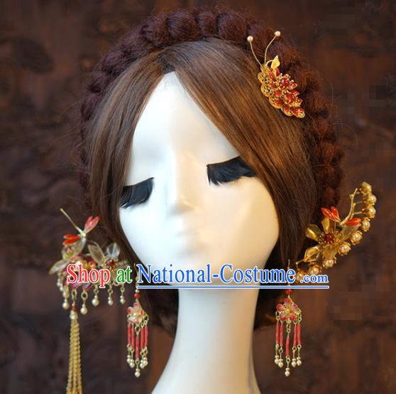 China Traditional Wedding Hair Sticks and Tassel Hairpins Earrings Ancient Bride Hair Accessories Full Set