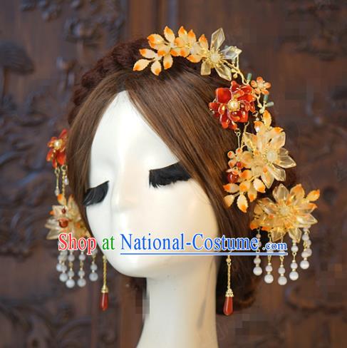 China Traditional Wedding Flowers Hair Sticks and Hair Comb Tassel Hairpins Earrings Ancient Bride Hair Accessories