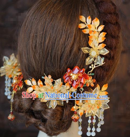 China Traditional Wedding Flowers Hair Sticks and Hair Comb Tassel Hairpins Earrings Ancient Bride Hair Accessories