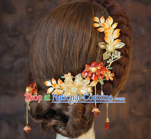 China Traditional Wedding Flowers Hair Sticks and Hair Comb Tassel Hairpins Earrings Ancient Bride Hair Accessories