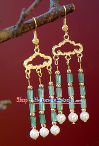 Top Grade China Qing Dynasty Jewelry Ear Accessories Ancient Court Empress Green Jade Tassel Earrings