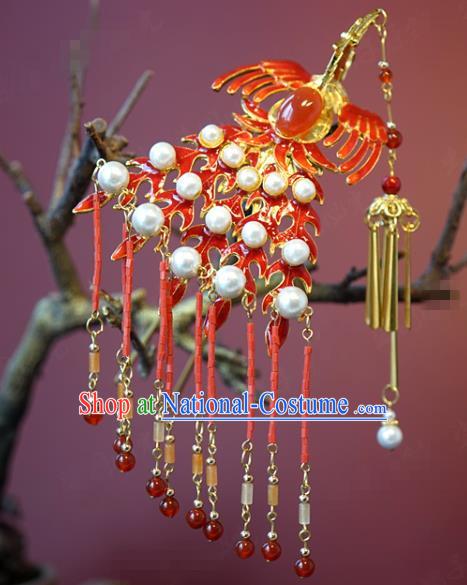 China Traditional Red Phoenix Hair Stick Wedding Xiuhe Suit Hair Accessories Bride Agate Tassel Hairpin