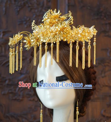 China Traditional Wedding Hair Accessories Ancient Bride Tassel Hairpins Golden Phoenix Coronet Full Set