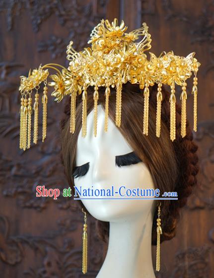 China Traditional Wedding Hair Accessories Ancient Bride Tassel Hairpins Golden Phoenix Coronet Full Set