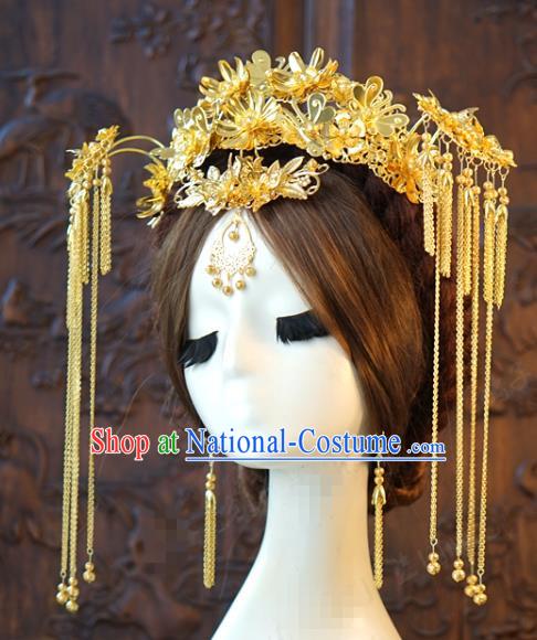 China Traditional Wedding Hair Accessories Ancient Bride Tassel Hairpins Golden Phoenix Coronet Full Set