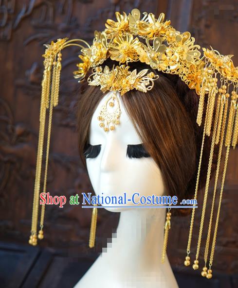 China Traditional Wedding Hair Accessories Ancient Bride Tassel Hairpins Golden Phoenix Coronet Full Set