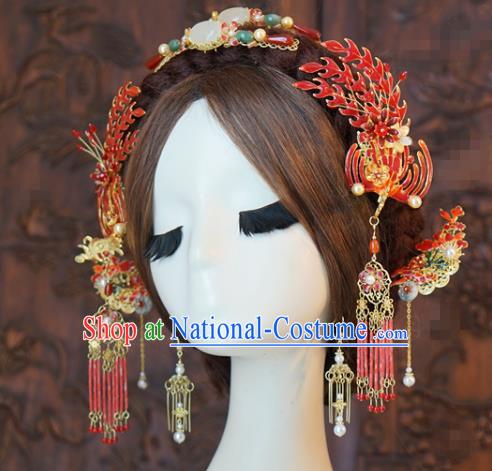 China Ancient Bride Jade Hair Comb Phoenix Hairpins Traditional Wedding Hair Accessories Full Set