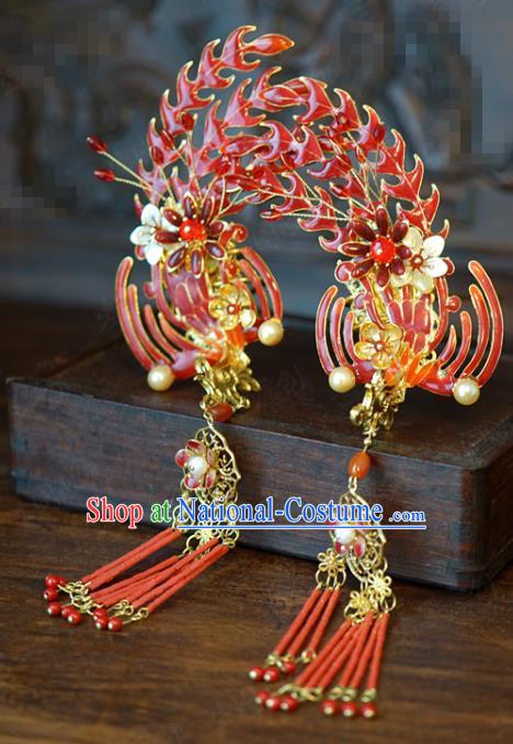 China Traditional Red Beads Tassel Hair Stick Wedding Xiuhe Suit Hair Accessories Bride Phoenix Hairpin