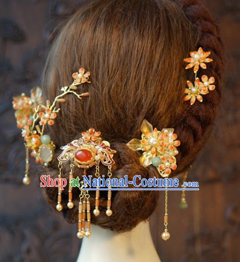 China Traditional Wedding Hair Accessories Ancient Bride Tassel Hair Combs Hairpins and Earrings Full Set