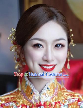 China Traditional Golden Flowers Hair Crown Wedding Xiuhe Suit Hair Accessories Bride Hair Clasp