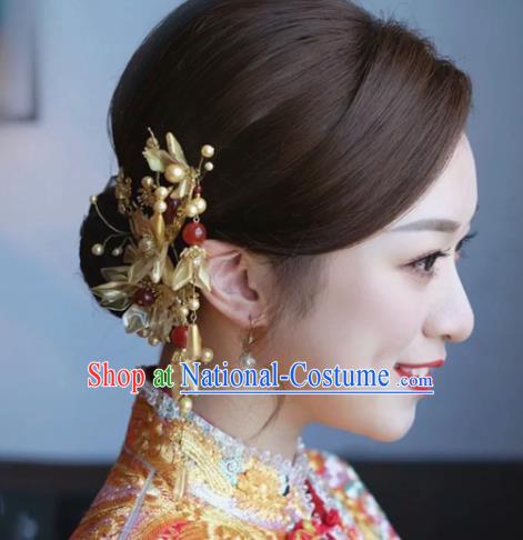 China Traditional Golden Flowers Hair Crown Wedding Xiuhe Suit Hair Accessories Bride Hair Clasp