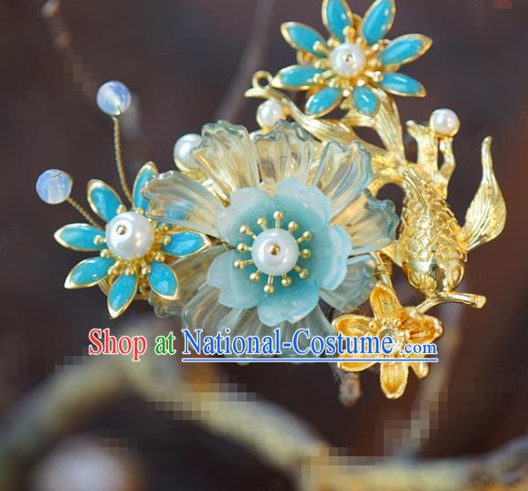 China Traditional Blue Flowers Hair Comb Wedding Xiuhe Suit Hair Accessories Bride Fish Hair Stick