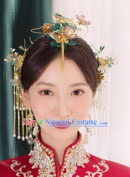 China Ancient Bride Hair Crown Traditional Wedding Hair Accessories Golden Tassel Hairpins Full Set