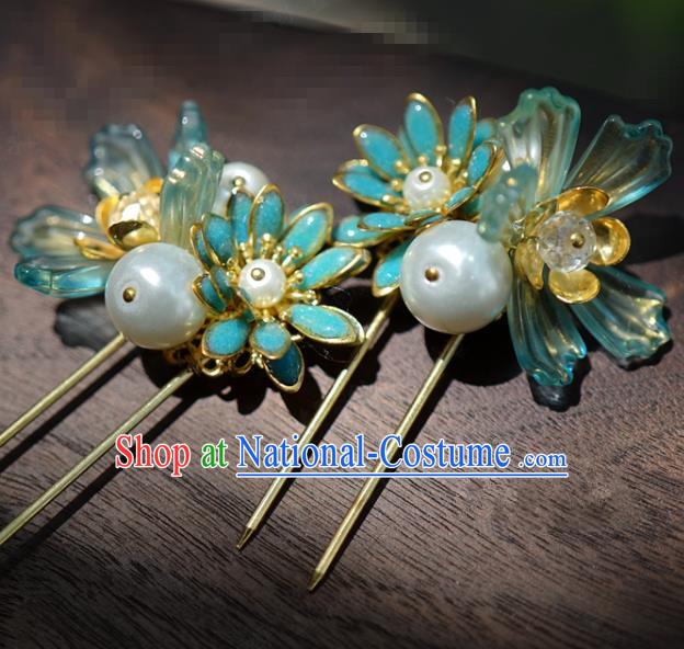 China Traditional Blue Flower Hair Sticks Wedding Xiuhe Suit Hair Accessories Bride Hairpins