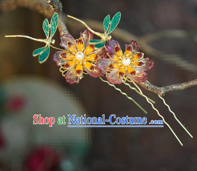 China Traditional Flower Hair Sticks Wedding Xiuhe Suit Hair Accessories Bride Blueing Dragonfly Hairpins