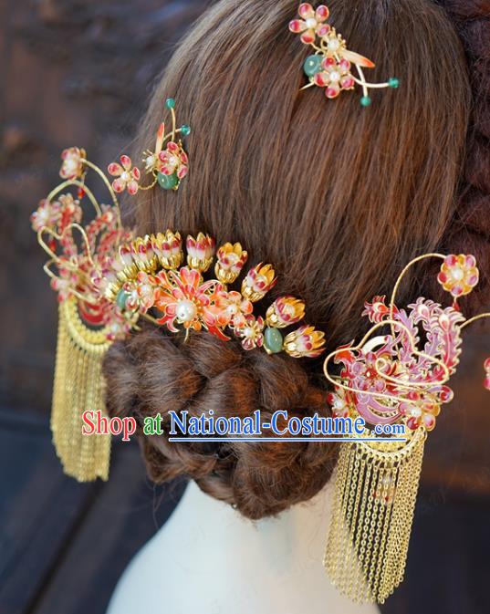 China Ancient Bride Back Hair Comb Traditional Wedding Hair Accessories Golden Tassel Hairpins Hair Sticks Full Set