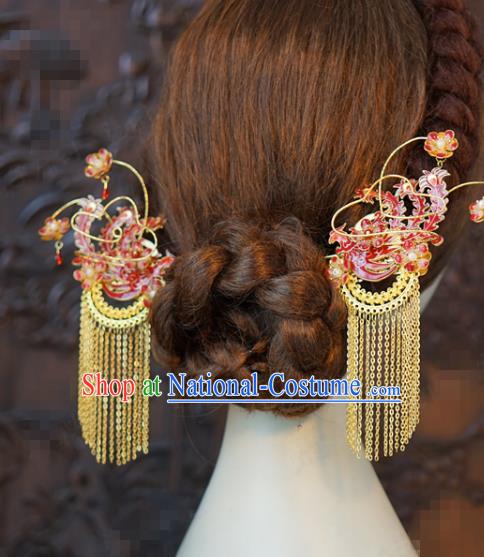 China Traditional Red Phoenix Hair Sticks Wedding Xiuhe Suit Hair Accessories Bride Golden Tassel Hairpins