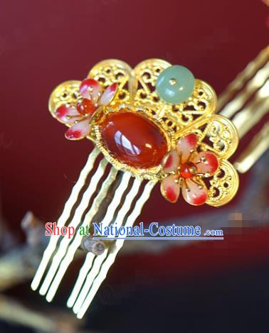 China Traditional Agate Plum Hair Comb Wedding Xiuhe Suit Hair Accessories Bride Golden Hair Stick