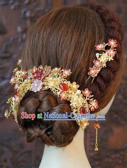 China Ancient Bride Agate Back Hair Comb Traditional Wedding Hair Accessories Hair Sticks Hairpins Full Set