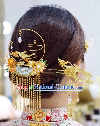 China Ancient Bride Jade Hair Crown Traditional Wedding Hair Accessories Hairpins Tassel Step Shake Full Set