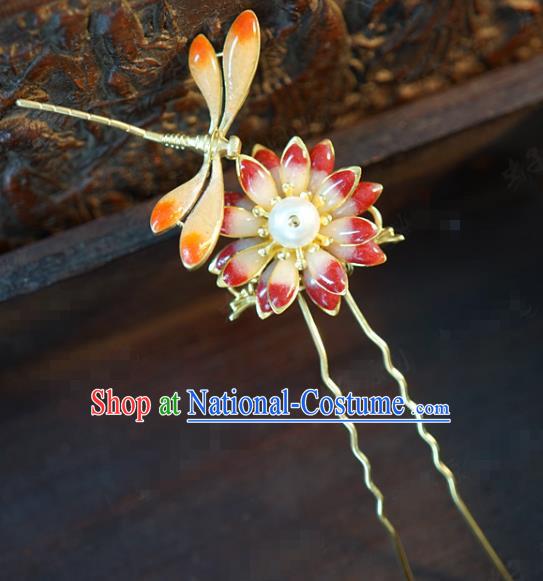 China Traditional Bride Hairpin Xiuhe Suit Hair Accessories Wedding Enamel Dragonfly Flower Hair Stick