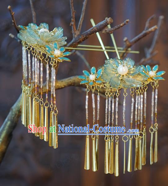 China Traditional Bride Tassel Hairpin Xiuhe Suit Hair Accessories Wedding Blue Flowers Hair Sticks