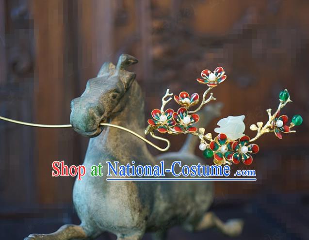 China Traditional Bride Enamel Red Plum Hairpin Xiuhe Suit Hair Accessories Wedding Jade Rabbit Hair Stick