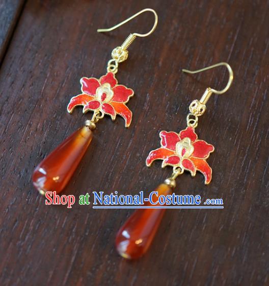 Top Grade Traditional Red Lotus Ear Accessories China Ancient Court Empress Earrings Jewelry