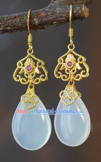 Top Grade Traditional Ear Accessories China Ancient Ming Dynasty Court Empress White Chalcedony Earrings Jewelry