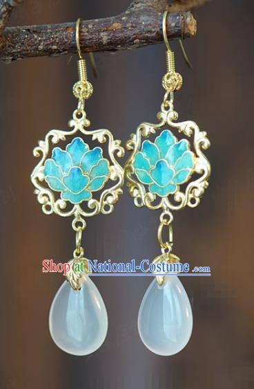 Top Grade Traditional White Chalcedony Ear Accessories China Ancient Ming Dynasty Court Empress Blueing Lotus Earrings Jewelry