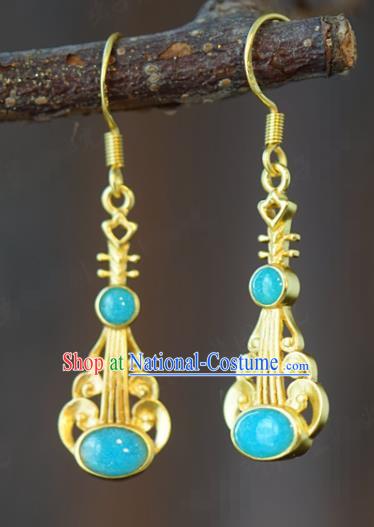 Top Grade Traditional China Ancient Court Woman Earrings Qing Dynasty Golden Lute Ear Jewelry Accessories