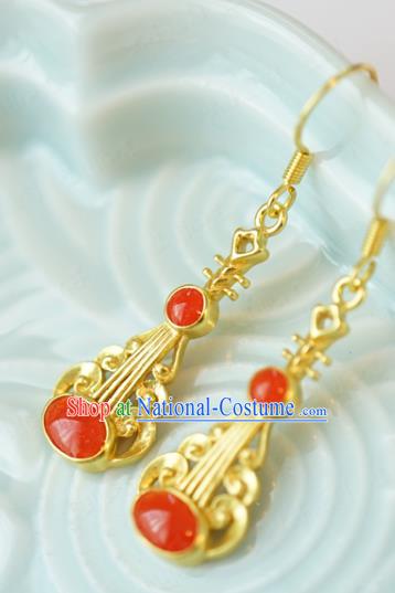 Top Grade Traditional China Qing Dynasty Golden Lute Ear Jewelry Accessories Ancient Red Gems Earrings