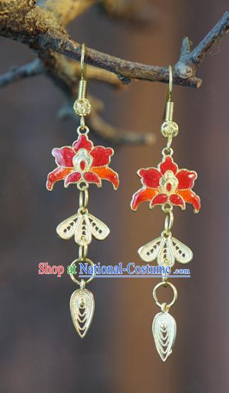 China Traditional Qing Dynasty Ear Jewelry Accessories Top Grade Ancient Queen Cloisonne Red Lotus Earrings