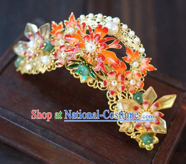 China Ancient Bride Enamel Hair Crown and Tassel Hairpins and Earrings Traditional Wedding Hair Accessories Full Set