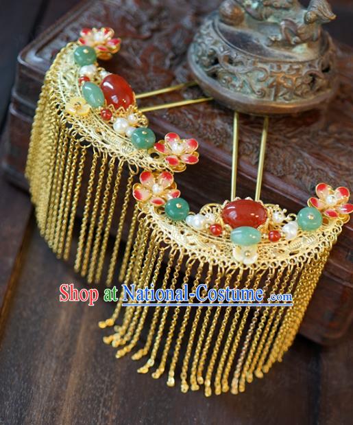 China Ancient Bride Enamel Hair Crown and Tassel Hairpins and Earrings Traditional Wedding Hair Accessories Full Set