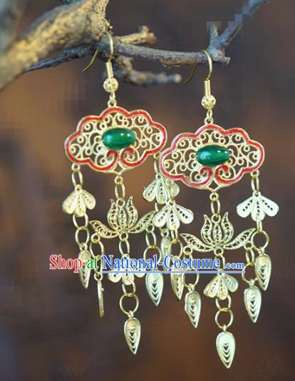 China Traditional Qing Dynasty Jade Bead Ear Jewelry Accessories Top Grade Ancient Queen Golden Lotus Earrings