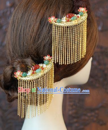 China Ancient Bride Enamel Hair Crown and Tassel Hairpins and Earrings Traditional Wedding Hair Accessories Full Set