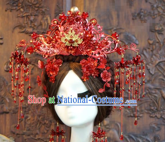 China Traditional Bride Wedding Hair Accessories Tassel Hair Crown Ancient Queen Red Phoenix Coronet Complete Set