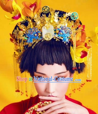 China Traditional Qing Dynasty Court Hair Accessories Ancient Queen Phoenix Coronet Jade Hat Complete Set