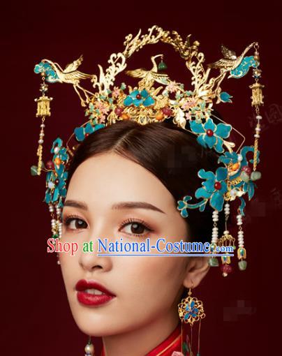 China Traditional Wedding Cranes Phoenix Coronet Ancient Bride Blueing Hairpins Earrings Hair Accessories