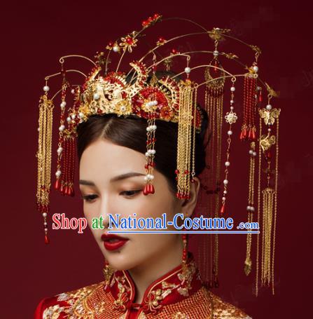 China Traditional Red Tassel Phoenix Coronet Wedding Hairpins Earrings Ancient Bride Hair Accessories