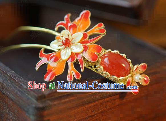 China Traditional Bride Enamel Red Peony Hairpin Xiuhe Suit Hair Accessories Wedding Shell Plum Blossom Hair Stick