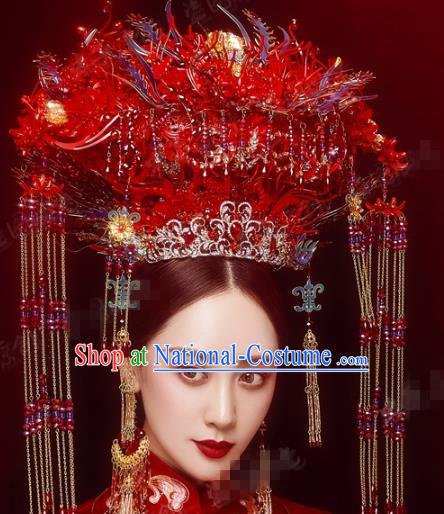 China Traditional Ancient Bride Hair Crown and Hairpins Earrings Wedding Hair Accessories Deluxe Red Phoenix Coronet Full Set