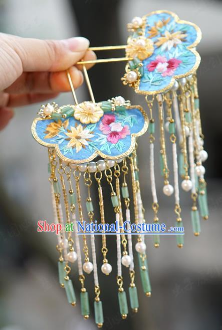 China Palace Blue Embroidered Hairpin Wedding Jade Tassel Step Shake Traditional Xiuhe Suit Hair Accessories